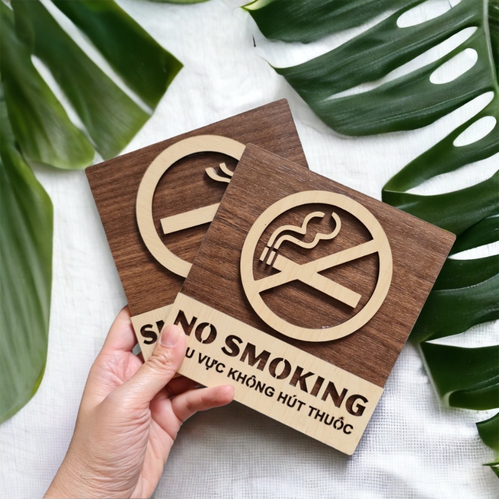 Bảng gỗ cấm hút thuốc, No smoking dán tường kèm băng dính 2 mặt