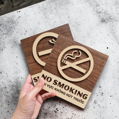 Bảng gỗ cấm hút thuốc, No smoking dán tường kèm băng dính 2 mặt